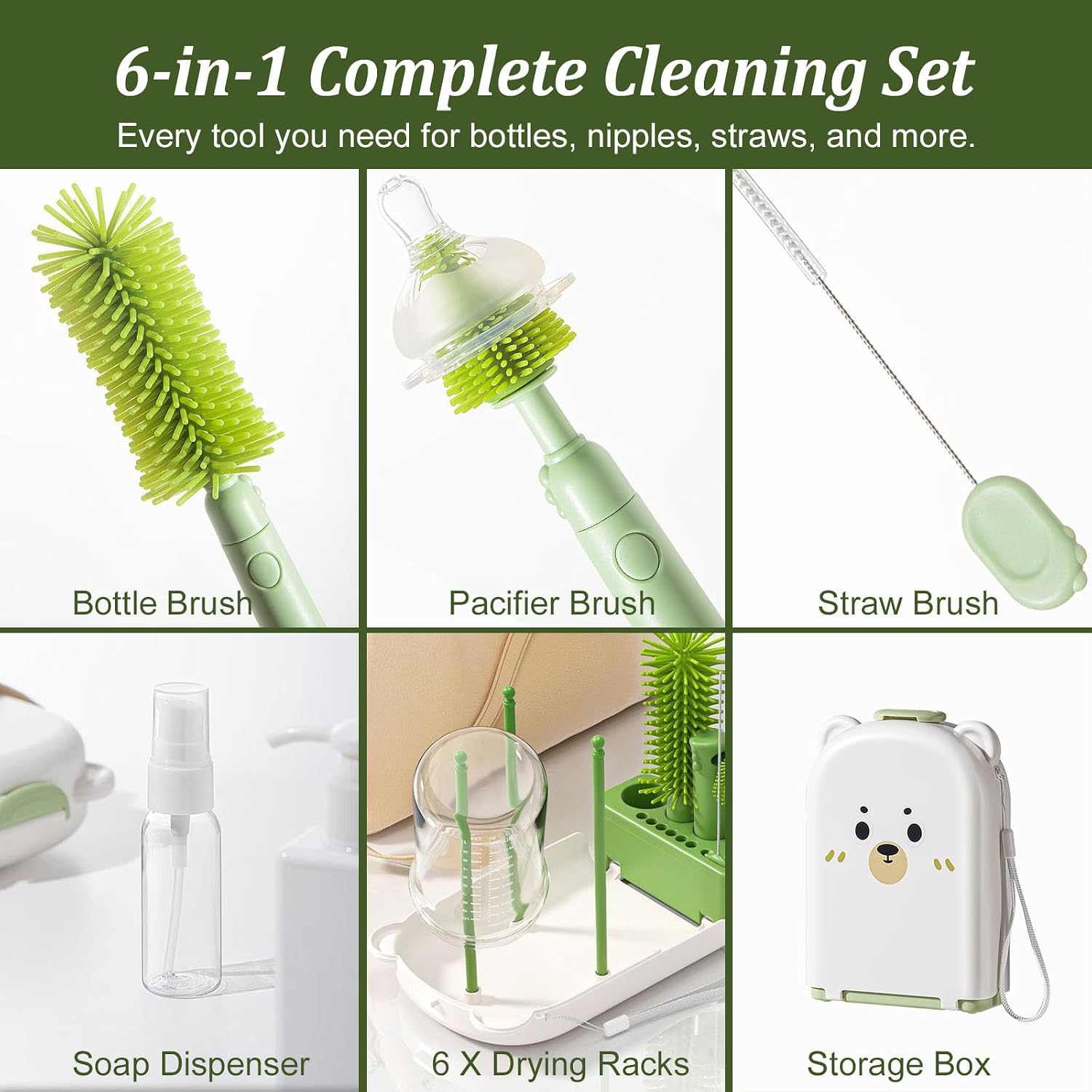 Travel Baby Bottle Cleaner Kit, 6-in-1 Brush Set for Bottles & Pumps - Image 4