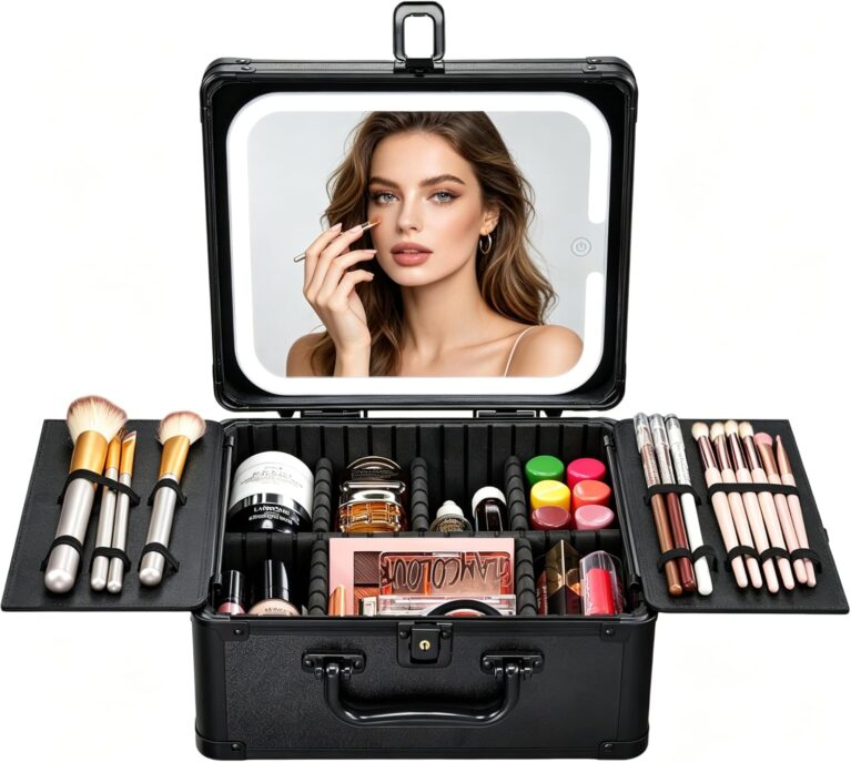 Faquenc Makeup Bag with LED Mirror – Hard Makeup Case with Lighted Mirror, Portable Makeup Organizer Box with 3-Color LED Light, Makeup Train Case with 6 Dividers, Makeup Travel Case for Women