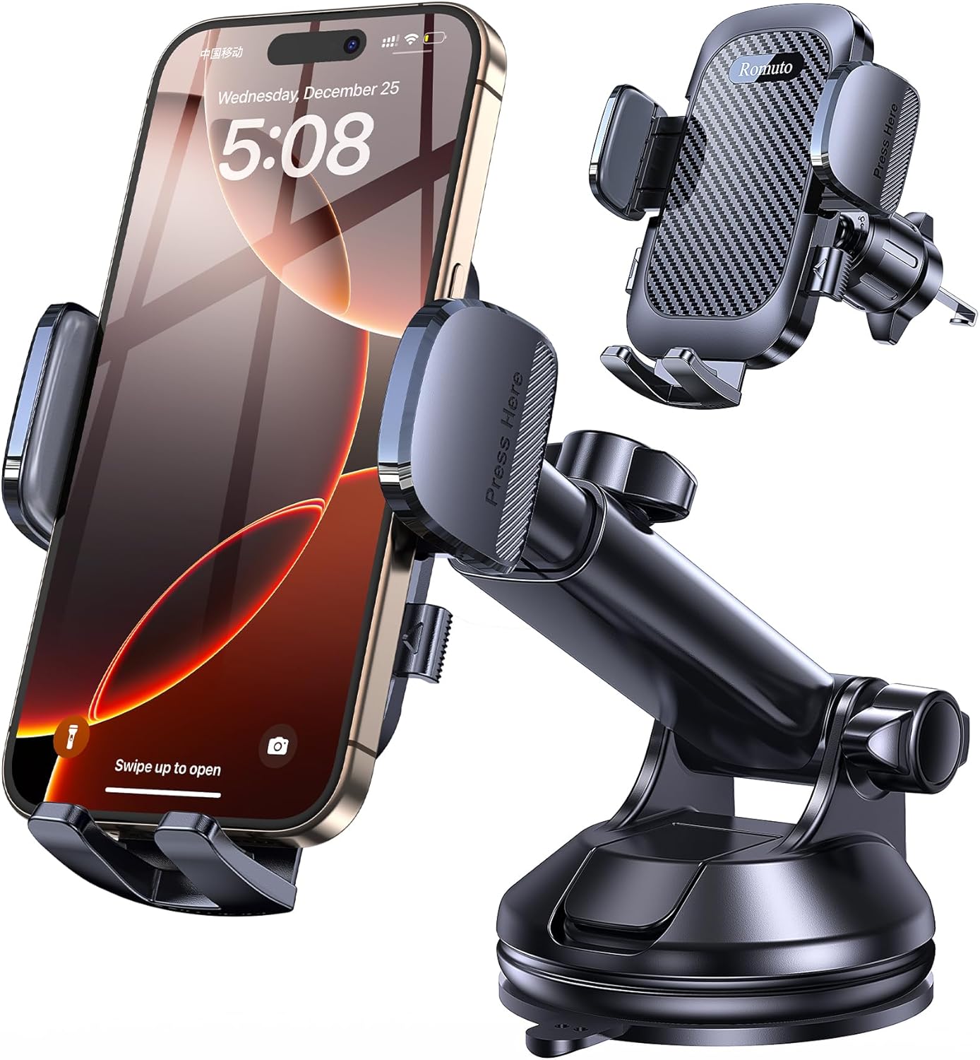 Romuto Phone Holders for Your Car Phone Holder Mount【Super Suction】 Cell Phone Holder for Car Accessories for Women Men【360°】 Suction Phone Mount for Car Dashboard Trim Cover for iPhone Samsung